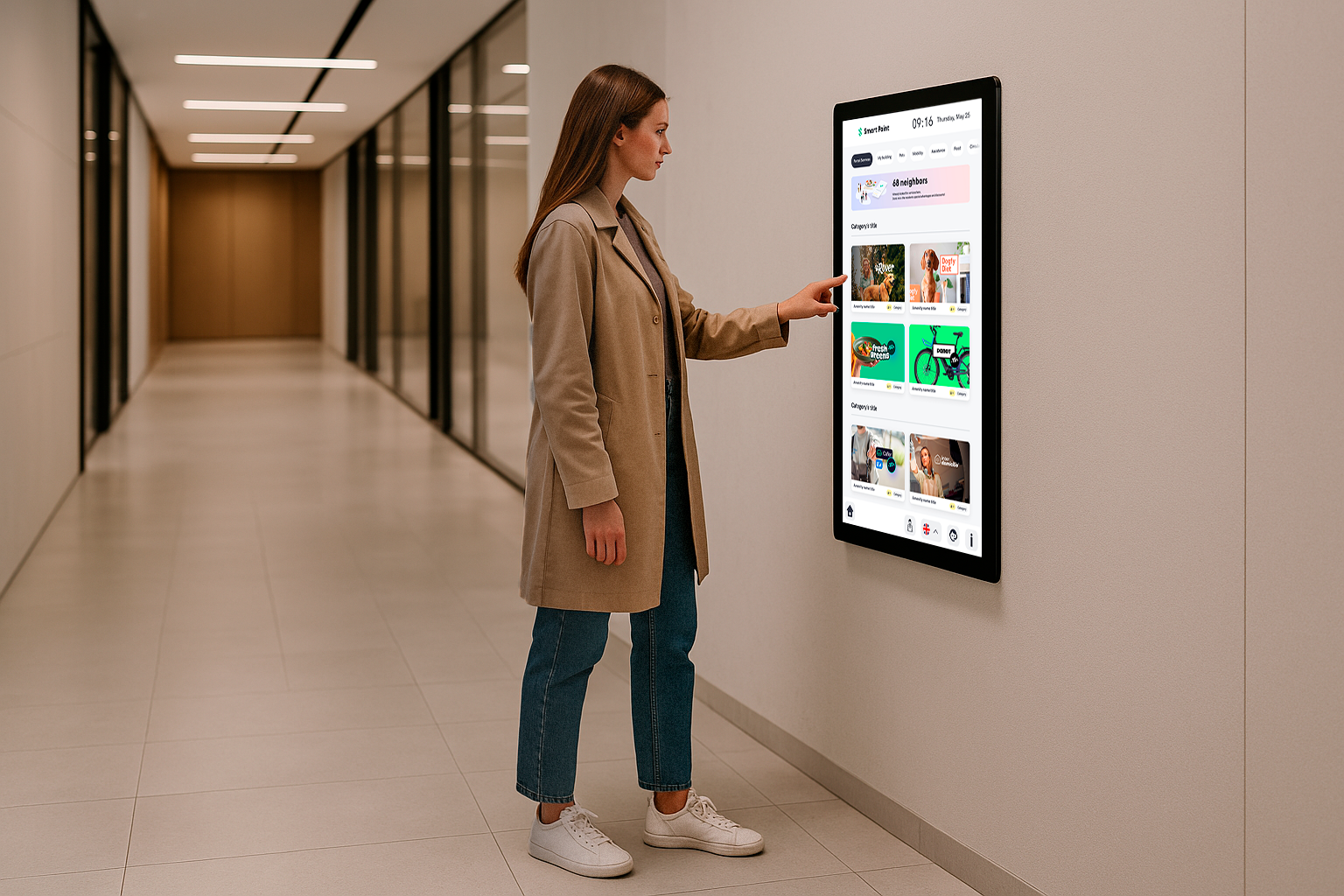 Woman interacting with Smart Point Digital Portal touchscreen in a corridor