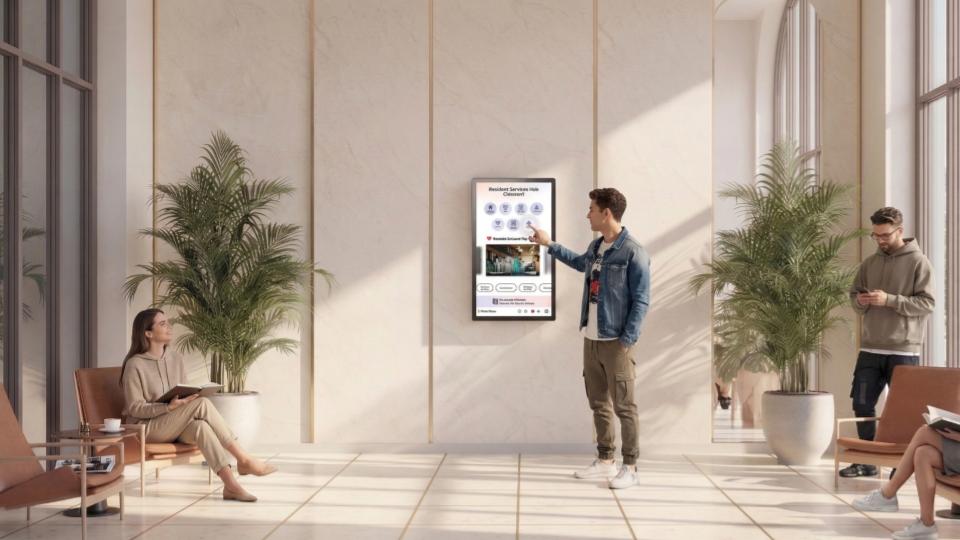 Smart Point Digital Portal in a luminous residential lobby with people interacting with the screen