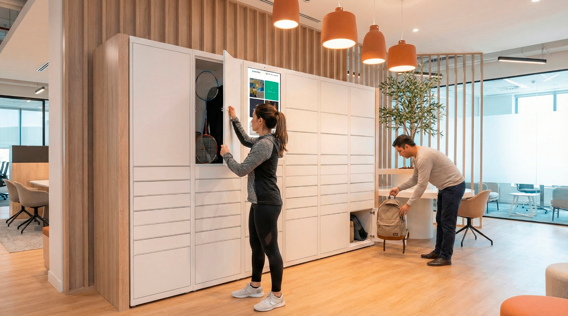 Two people using Smart Point Smart Lockers in a modern environment